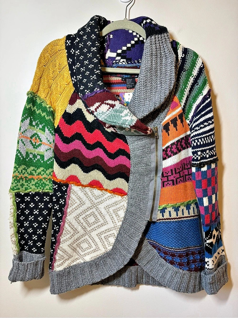 Desigual patchwork Knit Cardigan front zip multicolor NWT